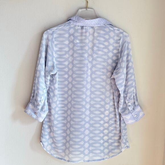 Gretchen Scott Button Up Shirt Sheer Size Small Light Blue & White Geometric - Picture 3 of 7